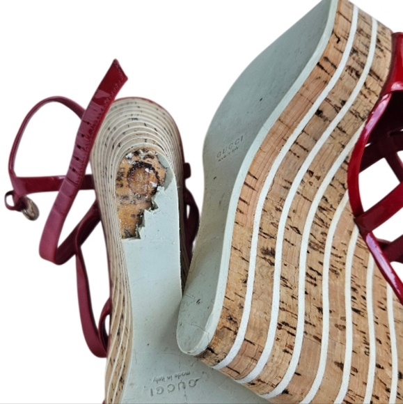 Gucci Red Pattent Leather Strappy Wedge Sandals - Picture 16 of 16